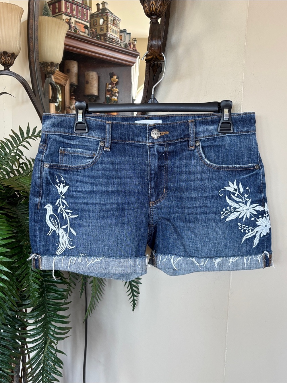 LOFT Dark Blue Denim Jean Shorts White Embroidered Bird & Floral Motif 5-Pocket